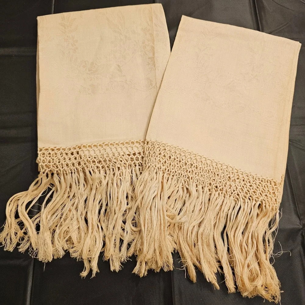 Vintage Cream Damask Show Linen Towels Runner Hand knot 6